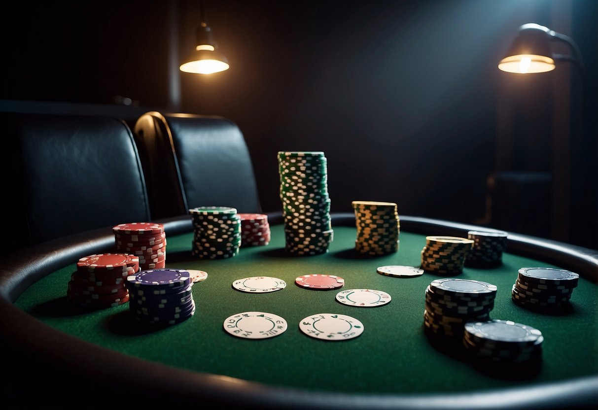 A poker table with chairs, cards, chips, and a dealer button. Lighting is dim with a spotlight on the table