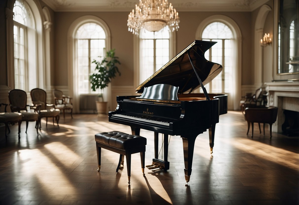 A grand piano sits in a spacious, well-lit room surrounded by elegant, vintage furniture. The piano lid is open, revealing the intricate inner workings of the instrument