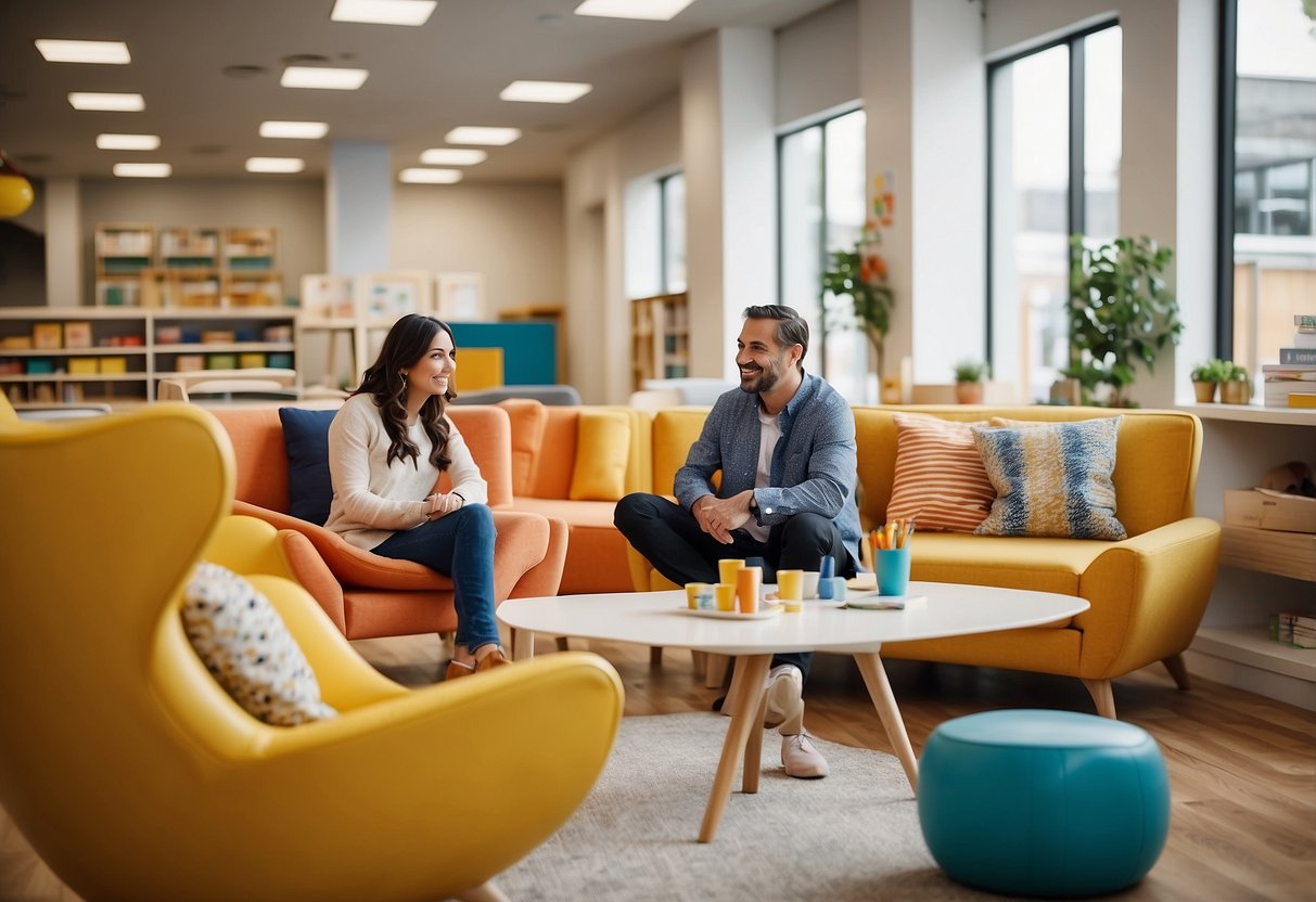 Preschool furniture displayed in a bright, spacious showroom with colorful chairs, tables, and storage units. A customer service representative assists a client with a smile