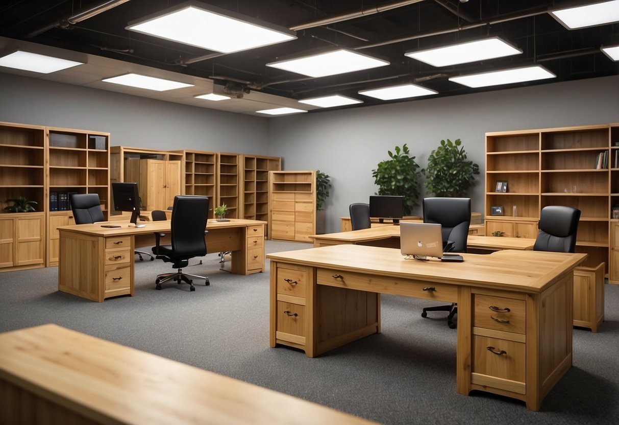 A spacious showroom displays various pine office furniture pieces, including desks, chairs, and bookshelves. Lighting highlights the natural wood grain and craftsmanship