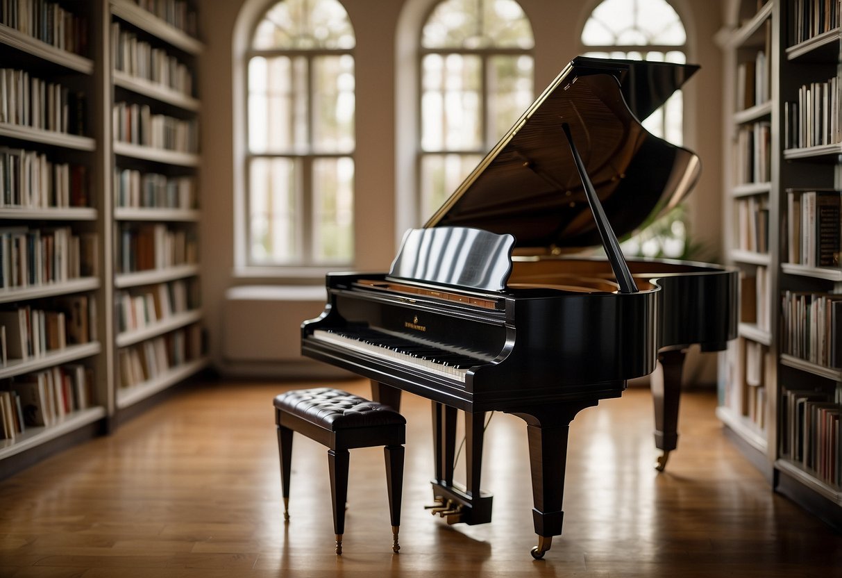 A grand piano has been repurposed into a unique shelving unit, with the keyboard serving as the backdrop for displaying books and decorative items