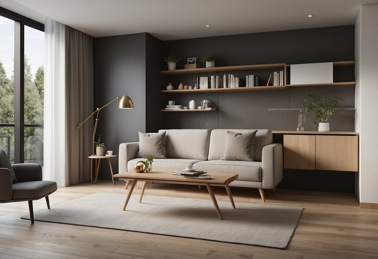 A small room with a foldable table, a compact sofa, and a wall-mounted shelf. The furniture is sleek and simple, with clean lines and neutral colors