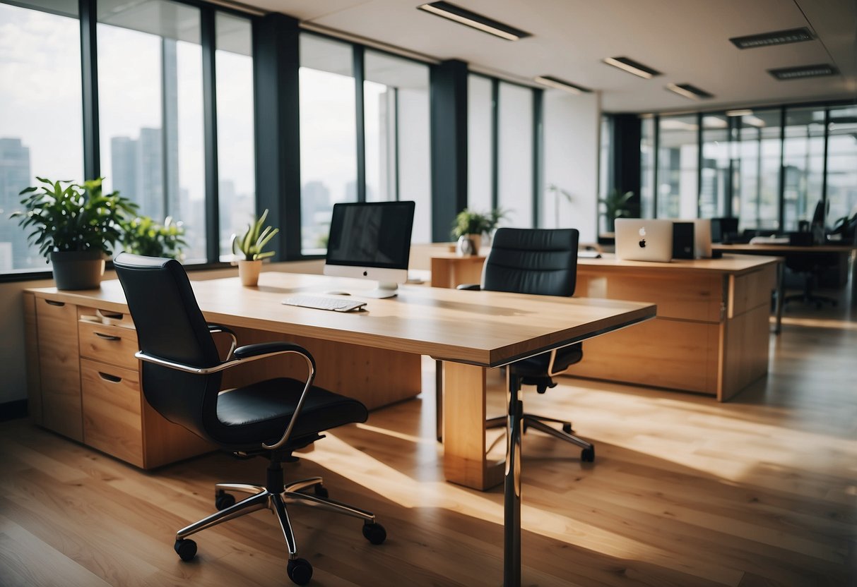 A modern office with sleek pine furniture arranged for optimal space and functionality