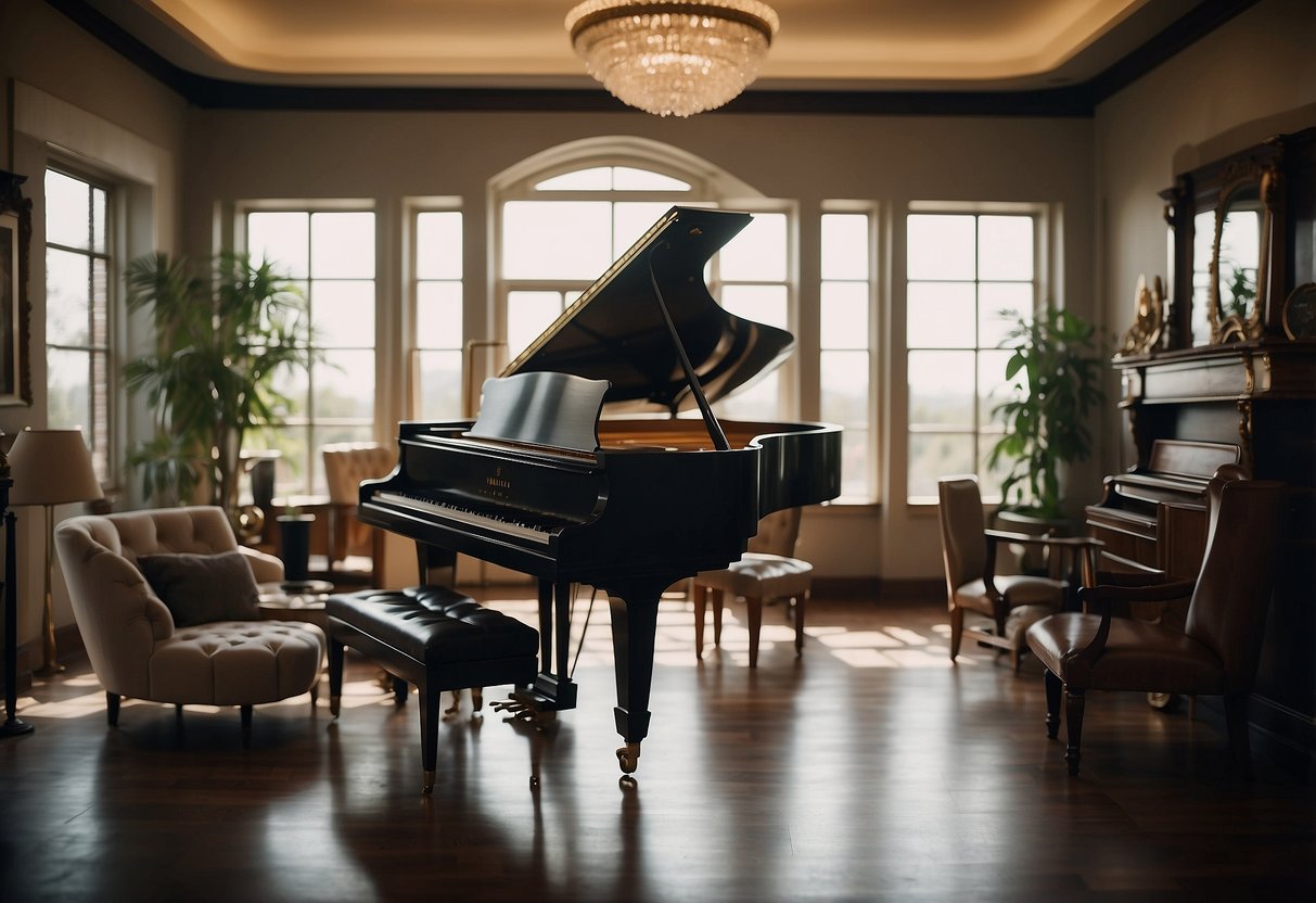 A grand piano sits in a room, surrounded by various pieces of furniture. A sign reading "Frequently Asked Questions" hangs above the piano