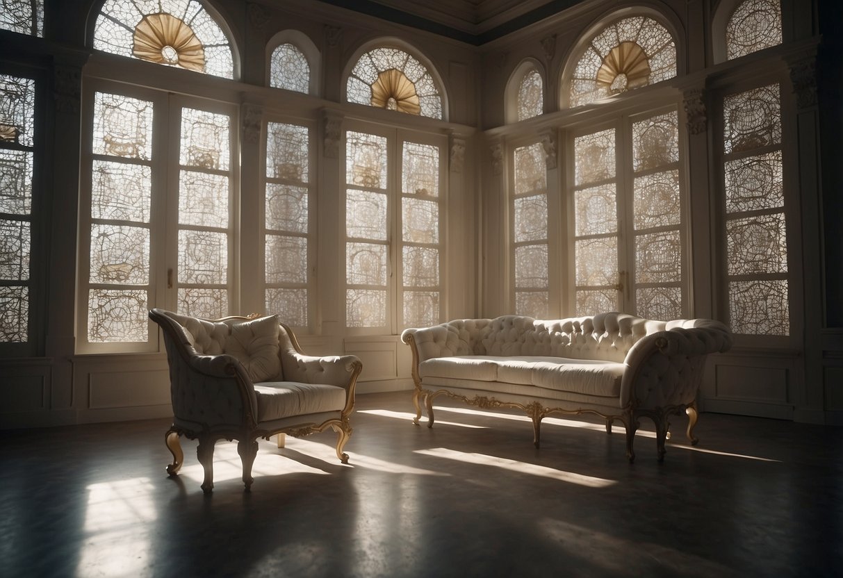 A room filled with unique plaster furniture, featuring intricate designs and smooth surfaces. Light filters in through the windows, casting interesting shadows on the pieces