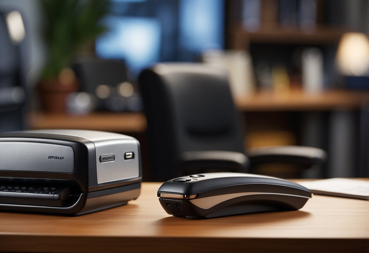 A stapler sits on a desk next to a stack of papers and a computer monitor. A chair and bookshelf are in the background