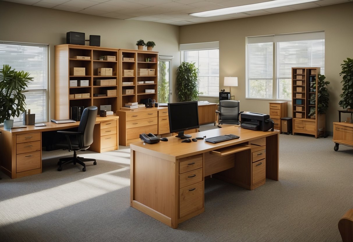 A well-organized office space with a variety of pine furniture pieces, including desks, chairs, and shelves. The furniture is neatly arranged and labeled with "Frequently Asked Questions" signs