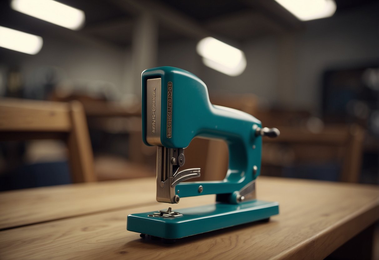 A furniture stapler is being used to secure fabric onto a wooden chair seat. The stapler is pressed firmly against the fabric as it punctures the material and attaches it to the chair