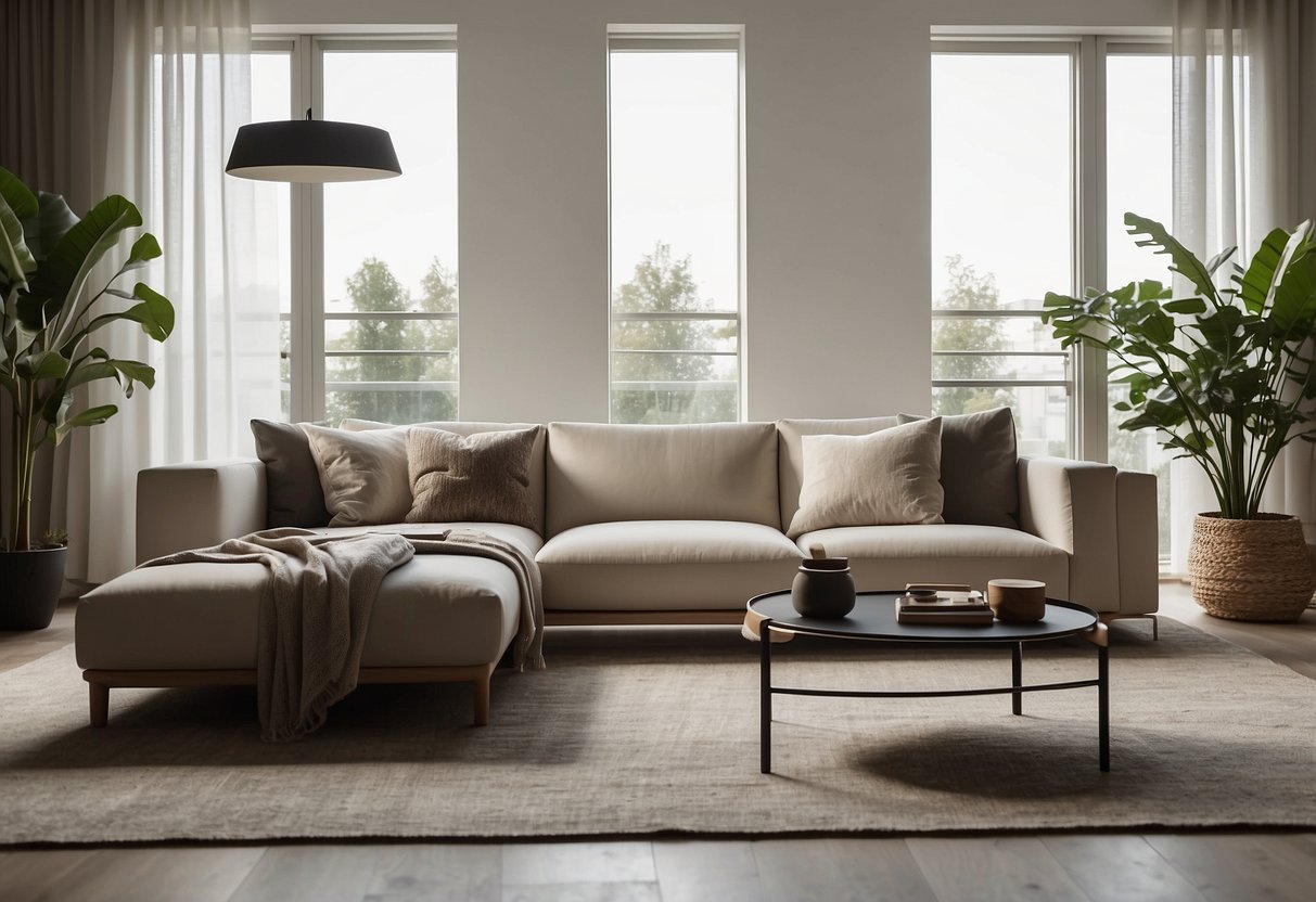 A small, modern living room with sleek, simple furniture. Clean lines and neutral colors create a minimalist design perfect for small spaces