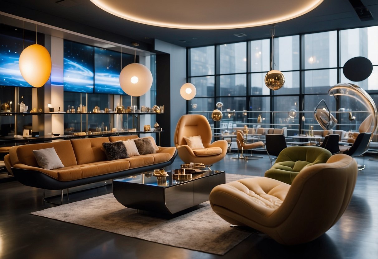 The space furniture shop is filled with sleek, futuristic designs. Shelves hold glowing orbs and floating chairs, while holographic displays showcase modular sofas and zero-gravity recliners