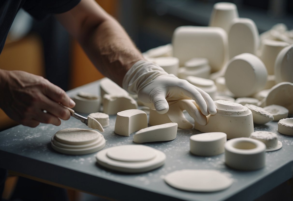 An artist carefully molds and shapes plaster pieces into sleek and modern furniture designs