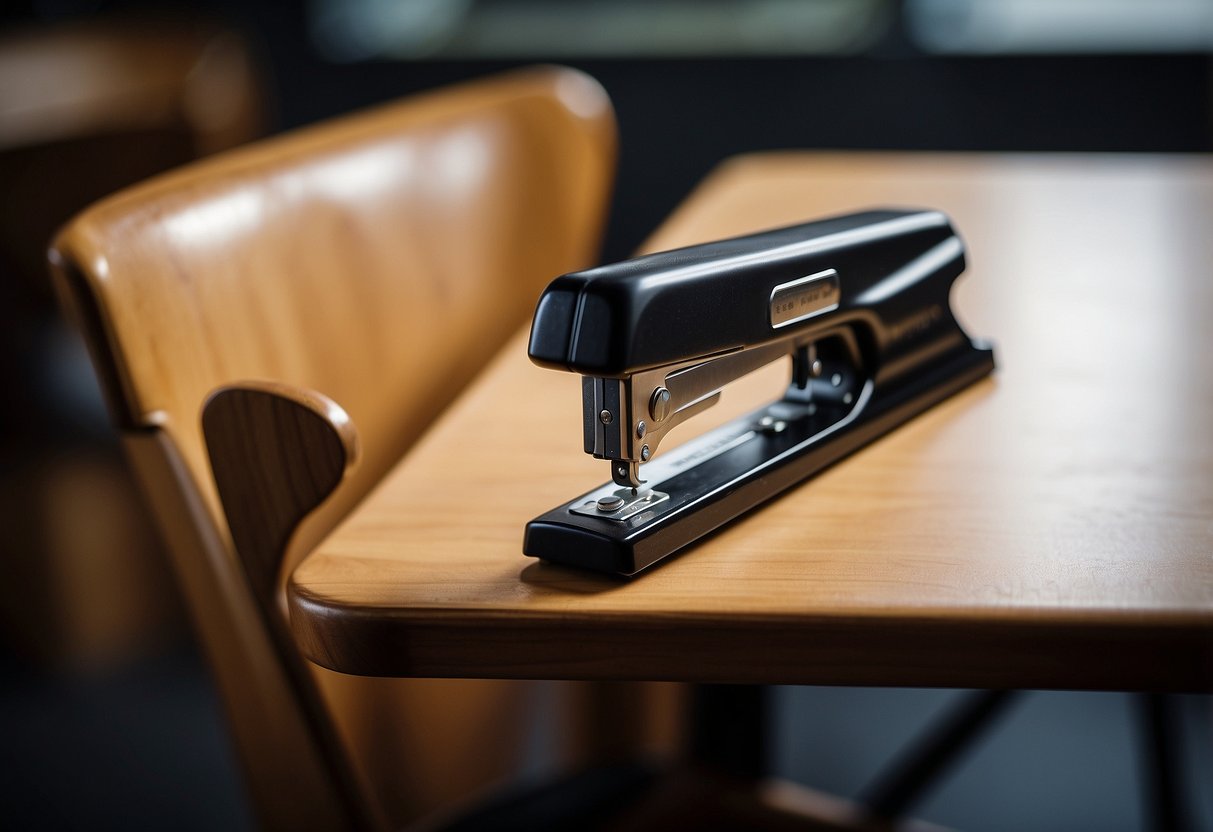 A furniture stapler is being used to secure fabric onto a wooden chair seat. The stapler is pressed firmly against the fabric, with staples visible on the surface