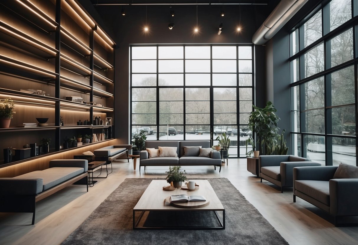 A modern space furniture shop with sleek designs and futuristic decor. Shelves display minimalist pieces while a large window lets in natural light