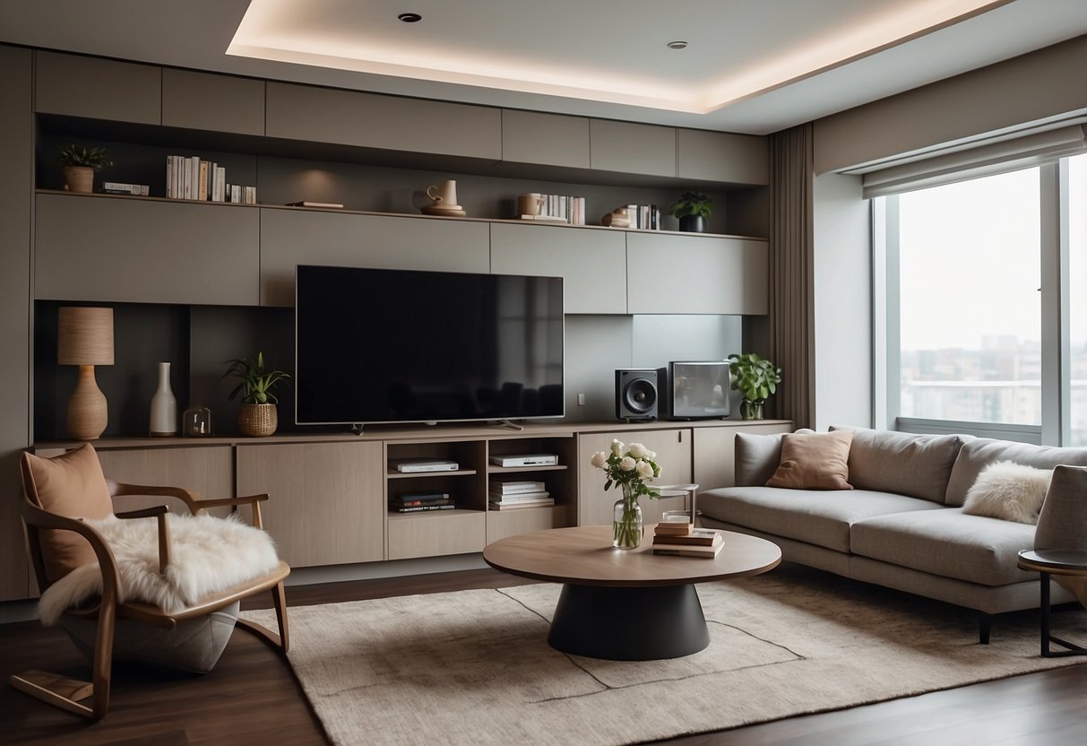A small room with sleek, space-saving furniture. Clean lines, neutral colors, and multi-functional pieces create a minimalist, clutter-free environment