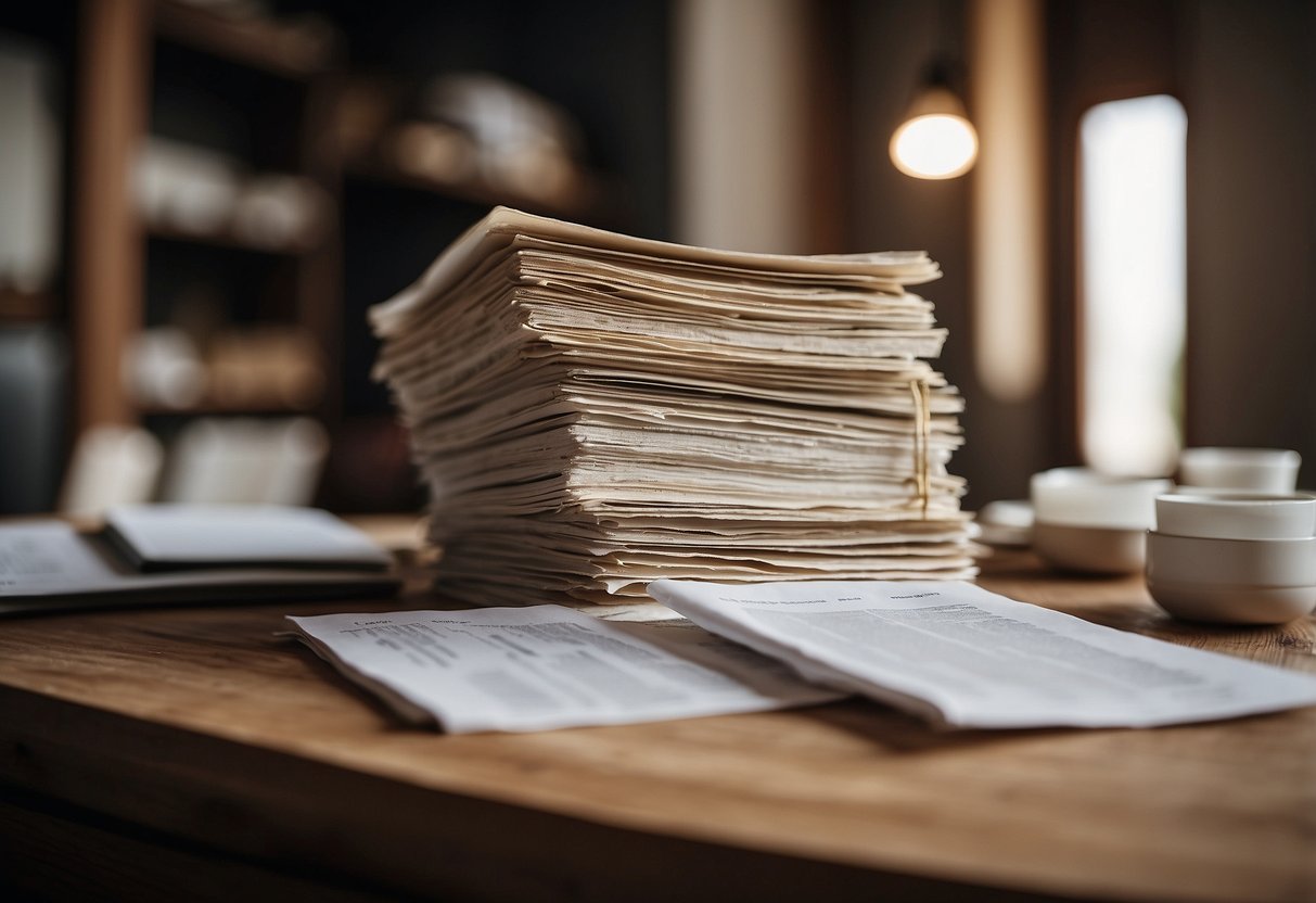 A stack of FAQ papers sits on a wooden table next to a plaster furniture piece