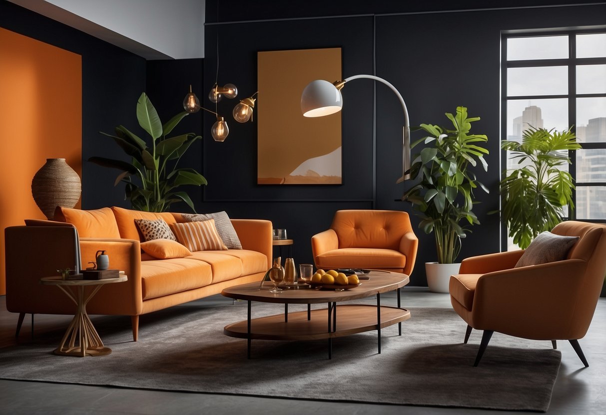 A modern studio with stylish furniture and vibrant papaya design elements