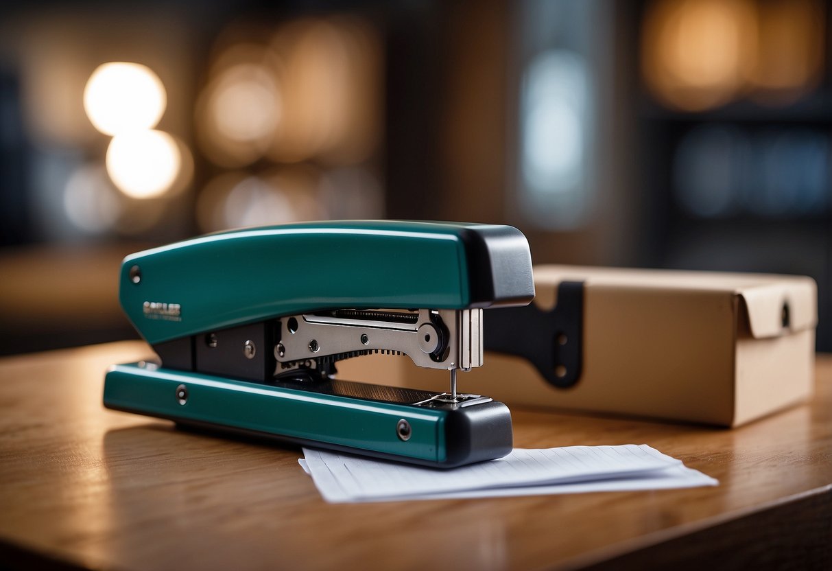 A furniture stapler sits on a wooden table, surrounded by stacks of paper and a box of staples. The stapler is open and ready to be used