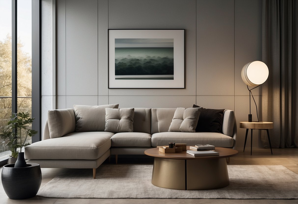 A small, modern room with sleek, space-saving furniture. Clean lines, neutral colors, and efficient design