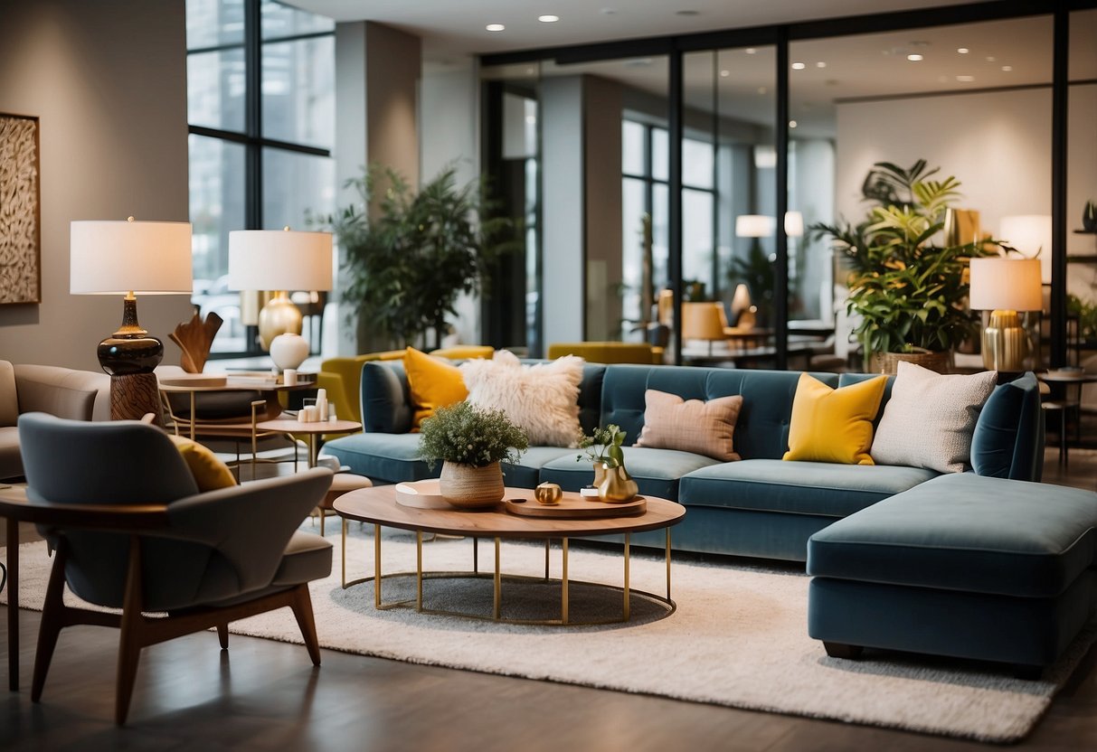 A bright, modern furniture shop with sleek displays and cozy seating areas. A variety of stylish pieces fill the space, from sofas and tables to decorative accessories
