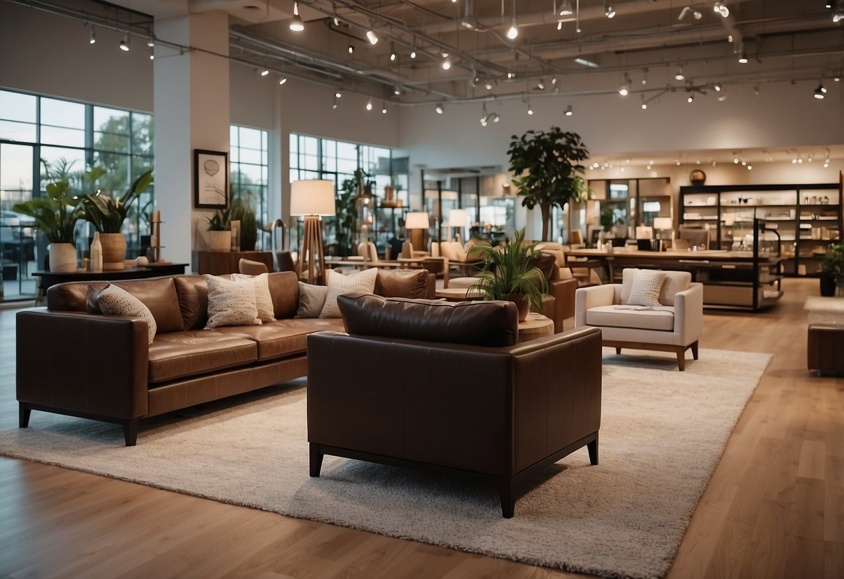 A spacious furniture shop with neatly arranged displays and clear signage for "Frequently Asked Questions" section