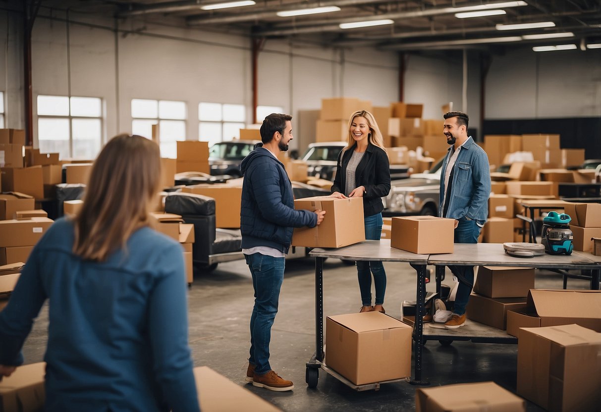 People happily collect free furniture from a donation program. A variety of items like chairs, tables, and sofas are available for the taking