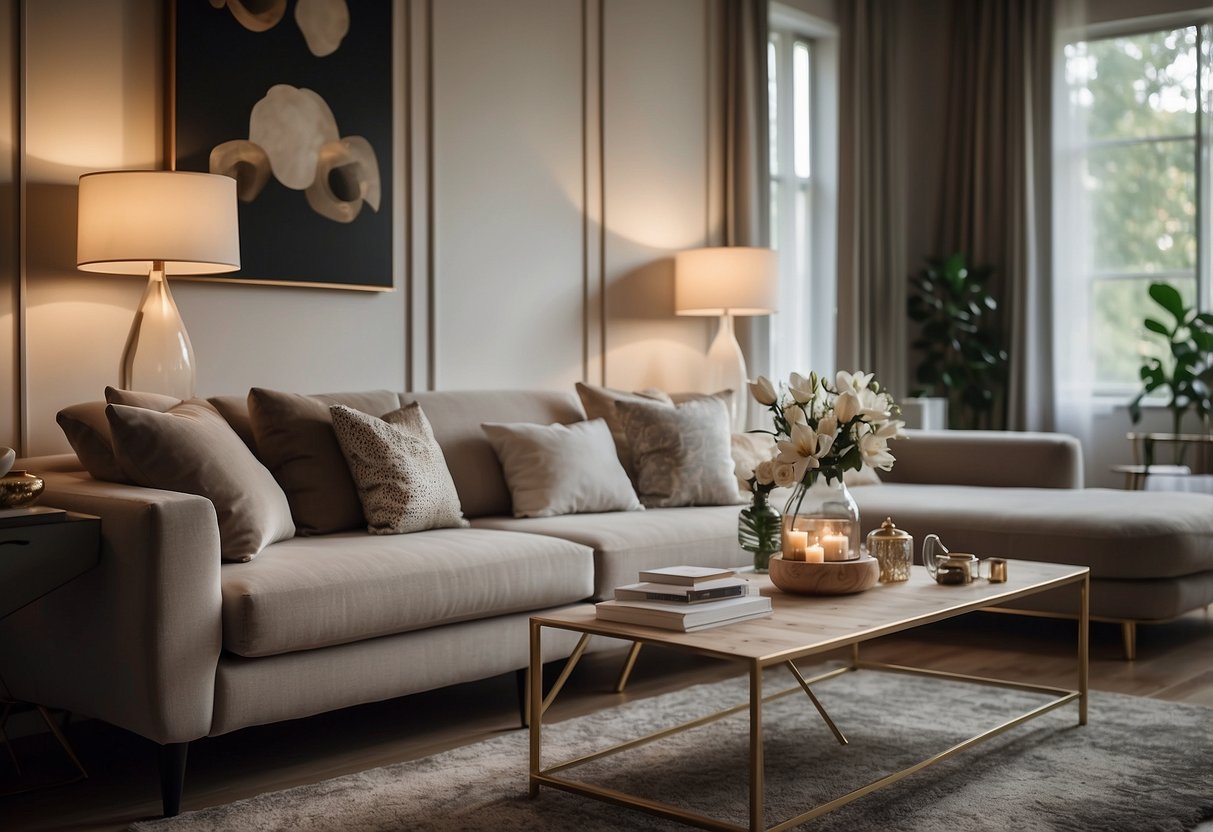 A cozy living room with a large, plush sofa, a coffee table, and a stylish lamp. The room is adorned with elegant curtains and decorative pieces, creating a warm and inviting atmosphere