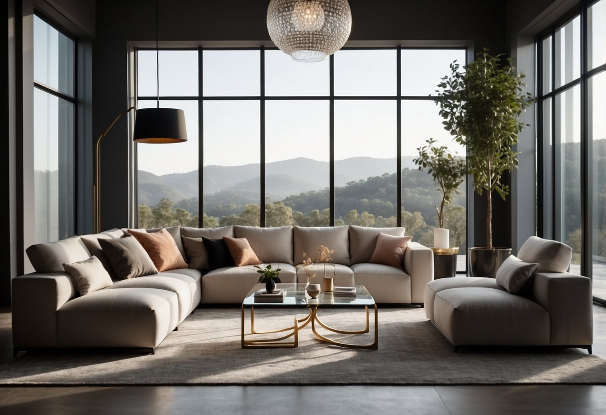 A sleek, minimalist living room with clean lines, geometric shapes, and neutral colors. A modular sofa, a glass coffee table, and a statement lighting fixture complete the modern furniture ensemble