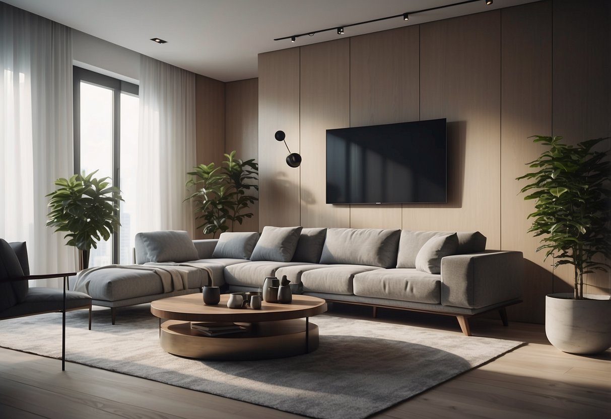 A sleek, minimalist living room with cutting-edge furniture pieces and innovative storage solutions