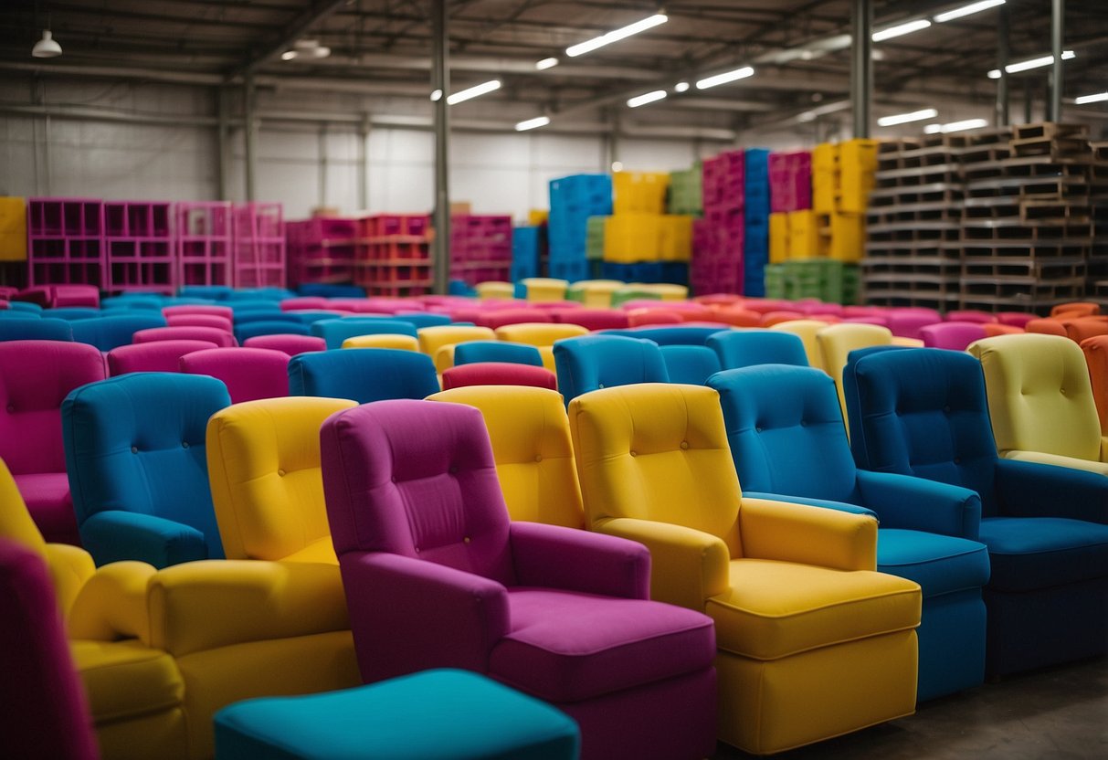 A warehouse filled with rows of colorful party furniture, neatly arranged and ready for rental. Tables, chairs, and decorative pieces are stacked and organized for easy access