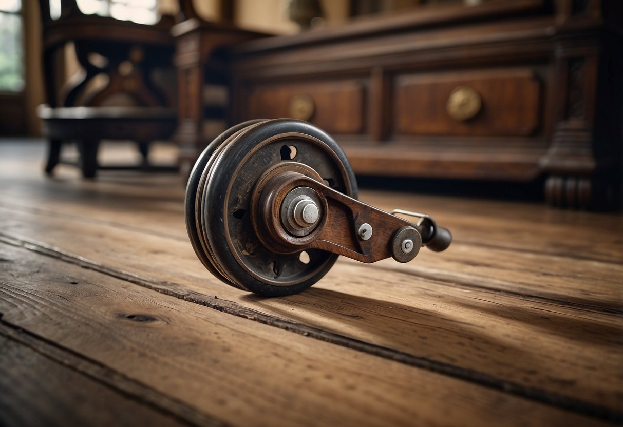Antique furniture casters roll across a hardwood floor, leaving behind faint trails of dust and revealing the worn beauty of the aged wood