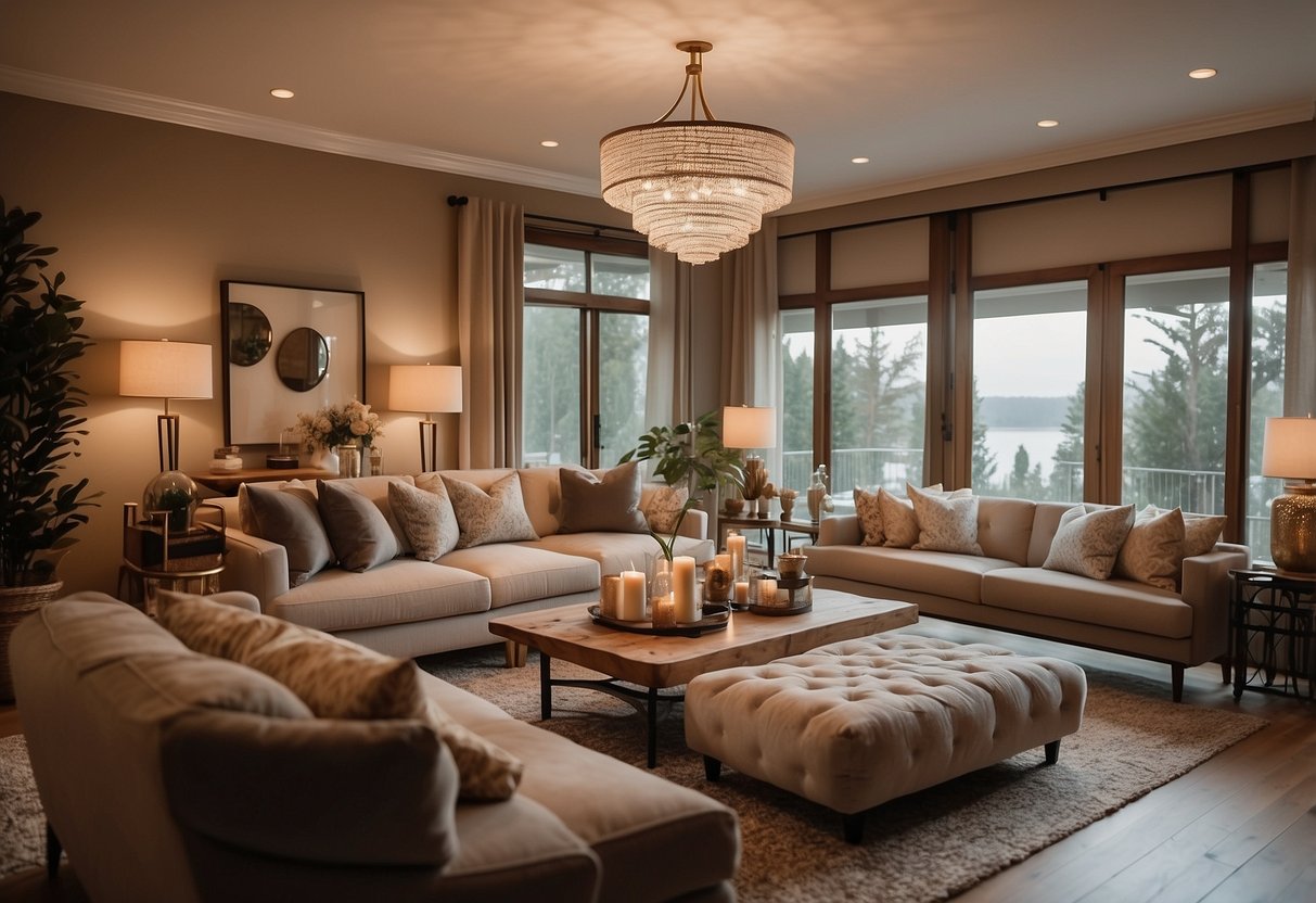 A cozy living room with elegant furniture, soft lighting, and decorative accents. A warm color palette and comfortable seating invite relaxation