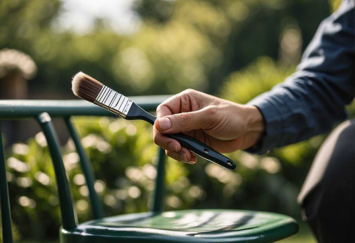 A hand holding a paintbrush, applying fresh paint to metal garden furniture. A sunny outdoor setting with greenery in the background