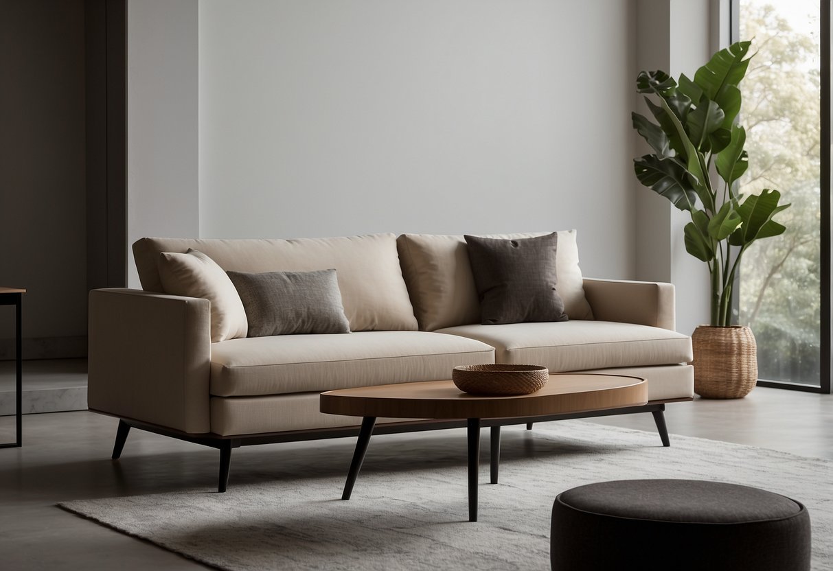 A sleek, minimalist living room with multifunctional furniture pieces, clean lines, and neutral colors. A convertible sofa seamlessly transforms into a bed, while a coffee table doubles as a storage ottoman