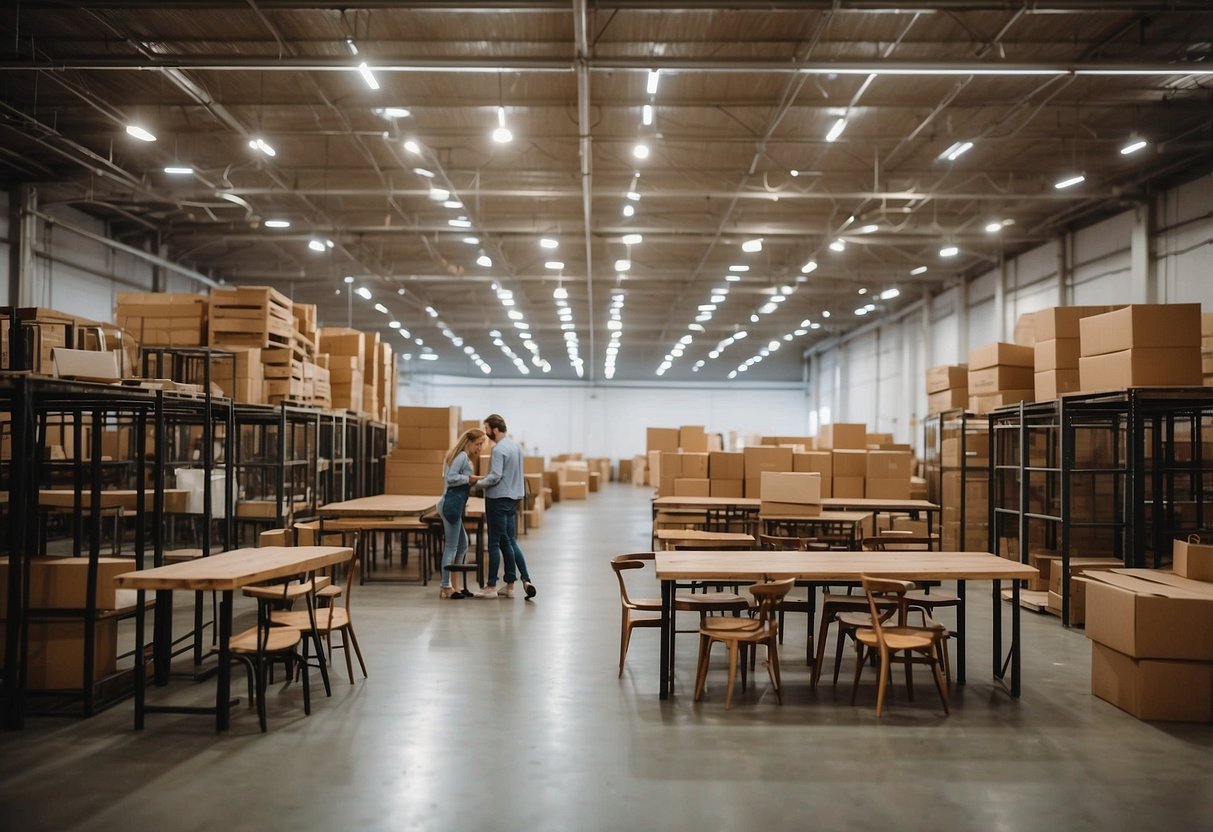 A warehouse filled with elegant chairs, tables, and decor. A staff member assists a customer in selecting the perfect party furniture rentals