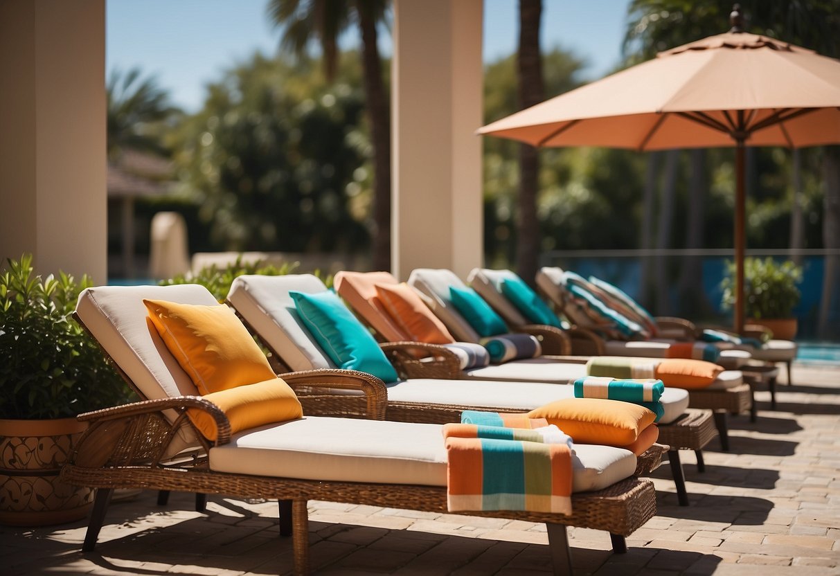 Outdoor pool furniture: a row of lounge chairs with colorful cushions, a large umbrella providing shade, and a small side table with a stack of towels