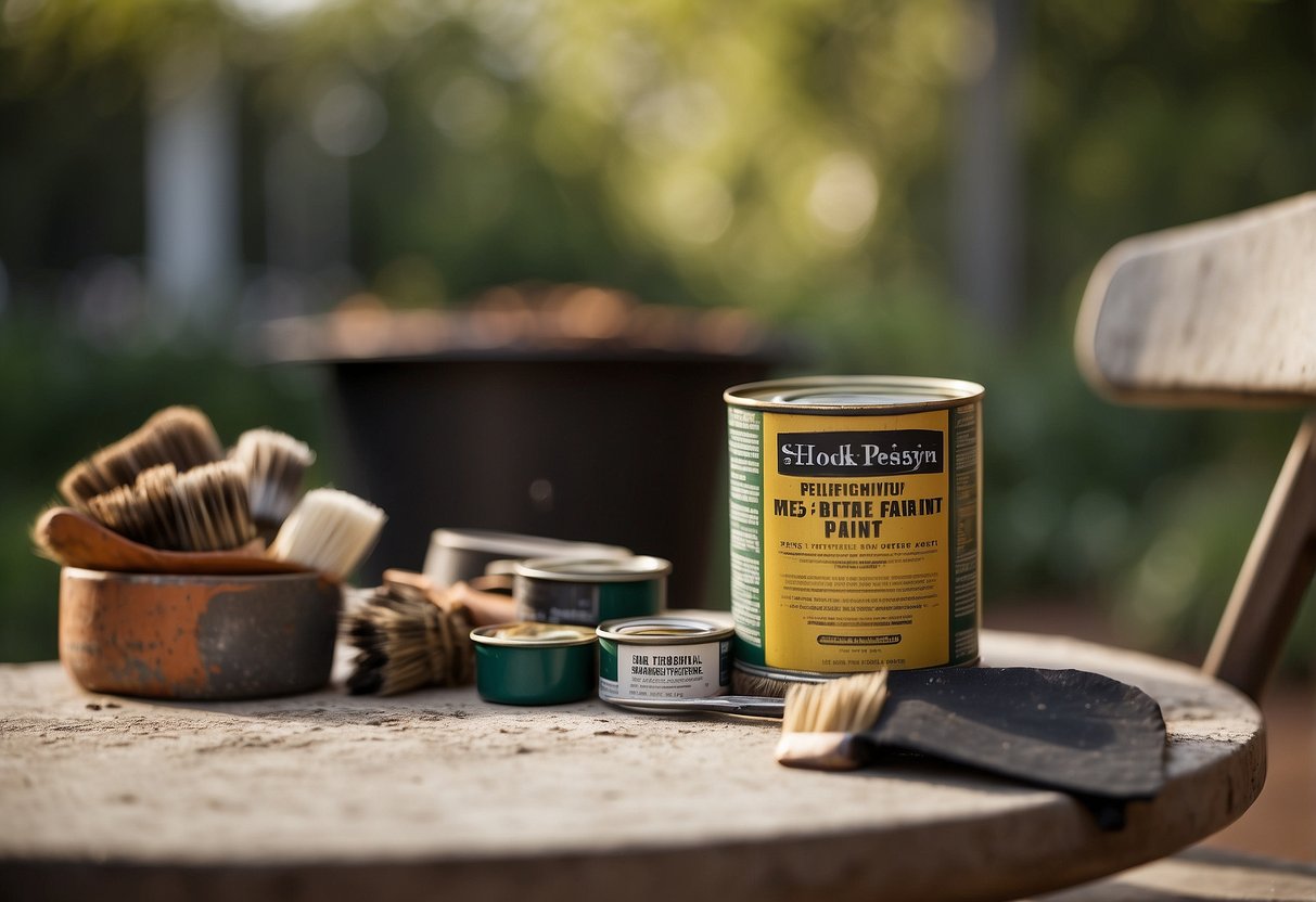 A can of metal garden furniture paint sits open on a drop cloth, surrounded by brushes, sandpaper, and a clean, rust-free chair ready for a fresh coat