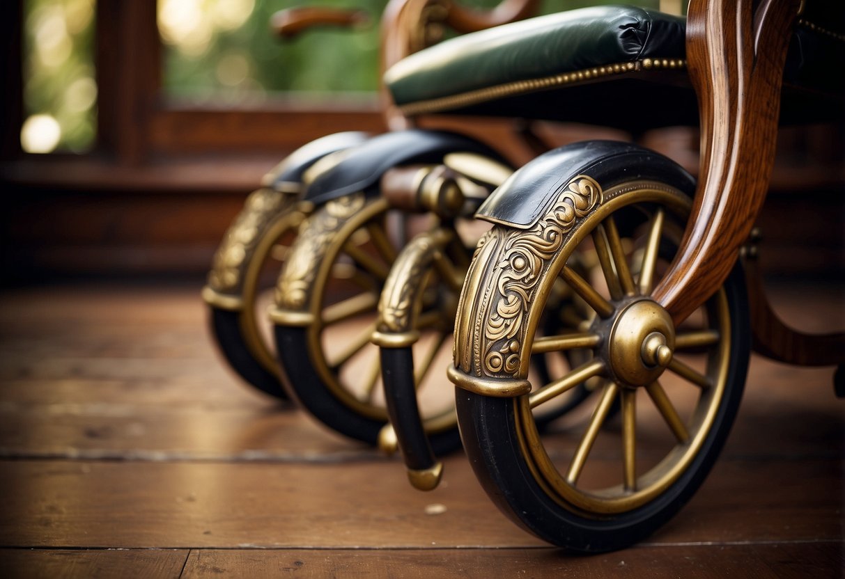 Antique furniture casters, made of brass, adorn the legs of a wooden chair. The intricate design and patina of the metal add character to the piece