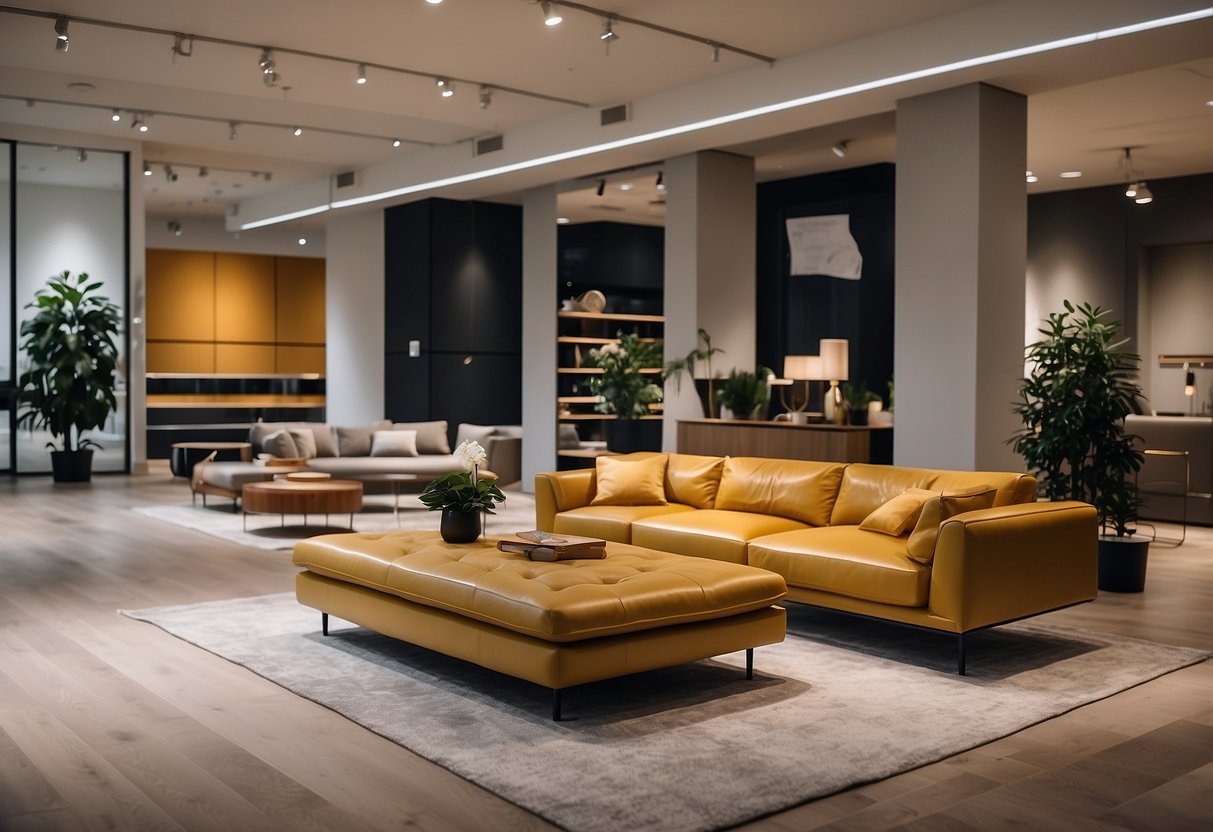 A sleek, minimalist furniture showroom with clean lines and contemporary designs. Bright lighting highlights the stylish pieces, while a display of FAQs provides helpful information for customers