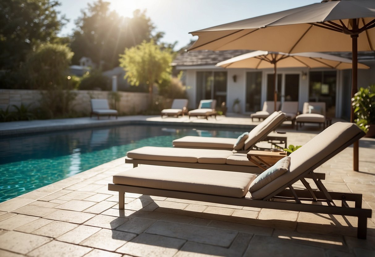 A sunny patio with a sleek outdoor pool furniture set, including lounge chairs, umbrellas, and a side table. The pool glistens in the background