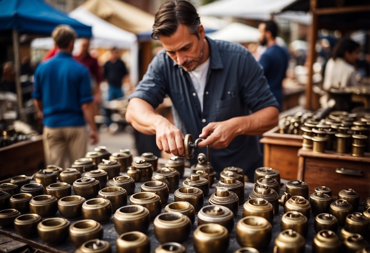 A customer examines antique furniture casters at a market stall while a seller showcases various styles and sizes