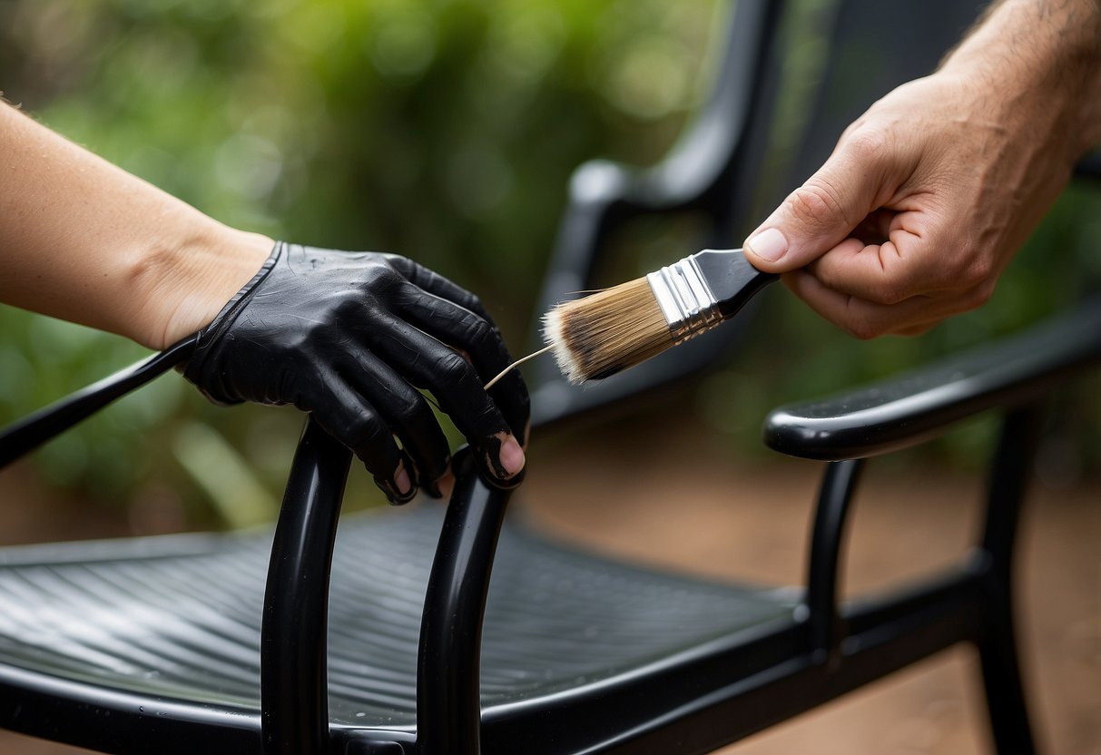 A hand holding a paintbrush applies glossy black paint to a metal garden chair, with a can of paint and a brush nearby