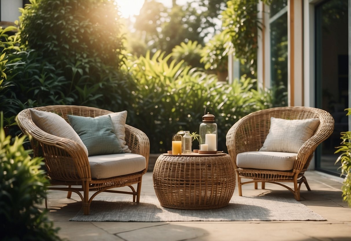 A cozy outdoor setting with rattan furniture, surrounded by lush greenery and bathed in warm sunlight