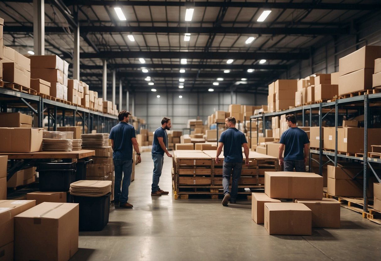 A warehouse filled with neatly stacked tables, chairs, and decor items. A team of workers organizing and loading rental furniture onto trucks for event support