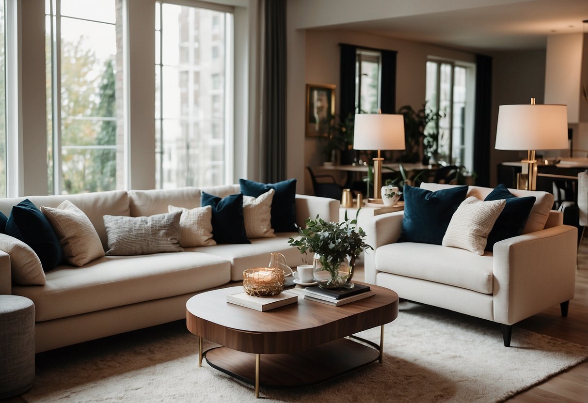 A cozy living room with plush sofas, elegant coffee tables, and stylish lamps. A dining area with a sleek table and comfortable chairs. A bedroom with a luxurious bed, soft linens, and chic nightstands