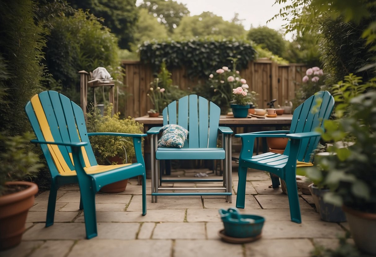 Metal garden furniture being painted with FAQ paint, surrounded by tools and instructions