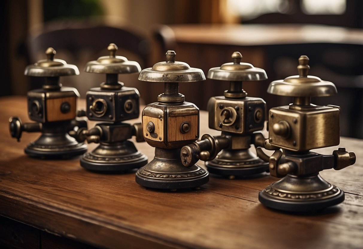 Antique furniture casters arranged neatly on a wooden table with a vintage backdrop
