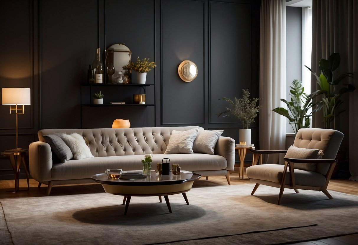 A room filled with various replica furniture pieces, arranged in a stylish and modern layout, with soft lighting and a cozy atmosphere