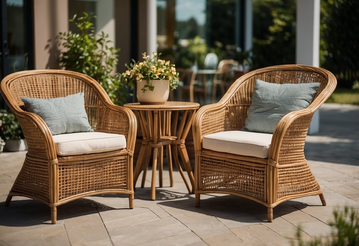 A sunny patio with a variety of rattan outdoor furniture options arranged in a showroom setting. The furniture includes chairs, tables, and loungers, showcasing different styles and designs