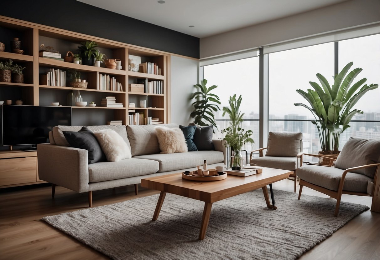 A cozy living room with modern furniture, including a comfortable sofa, sleek coffee table, and stylish bookshelf, creating a welcoming and inviting atmosphere
