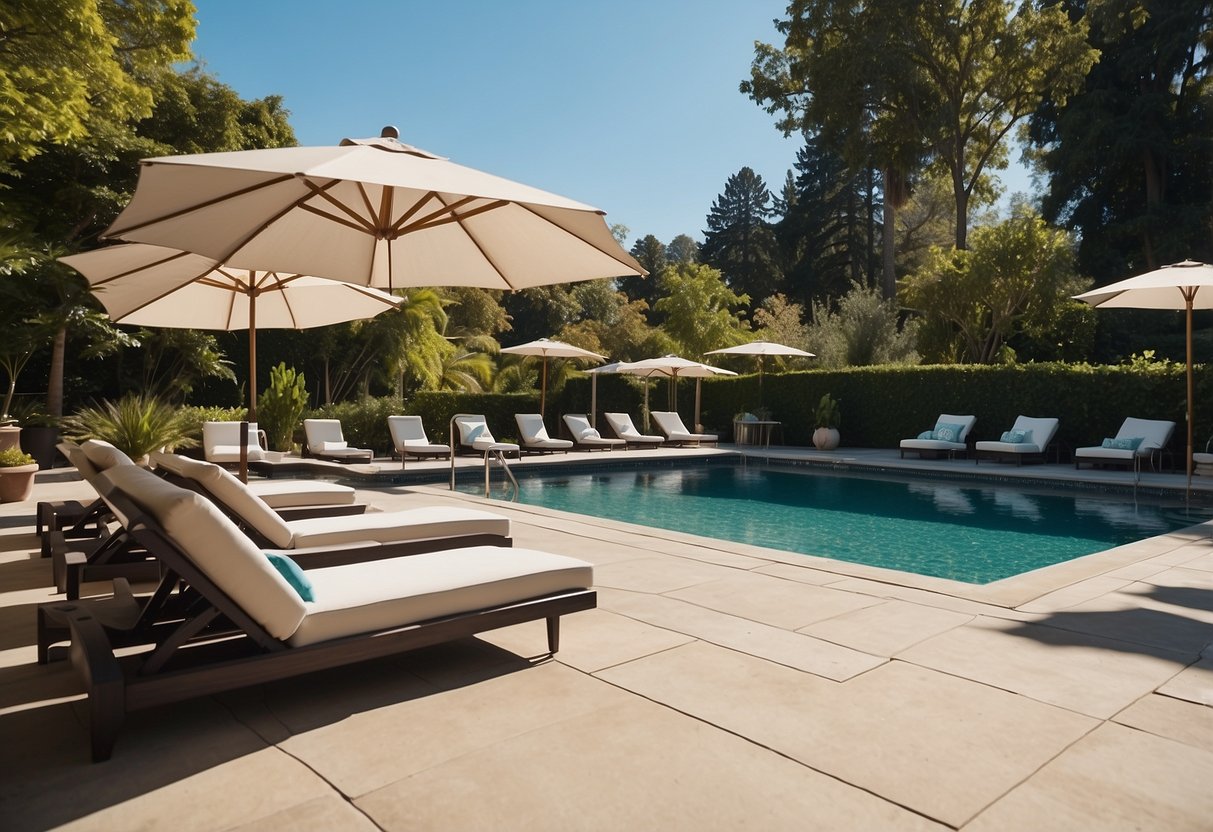 A sunny outdoor pool with sleek, modern furniture arranged around it, including lounge chairs, umbrellas, and side tables. The scene is inviting and relaxing, with a backdrop of lush greenery and blue skies